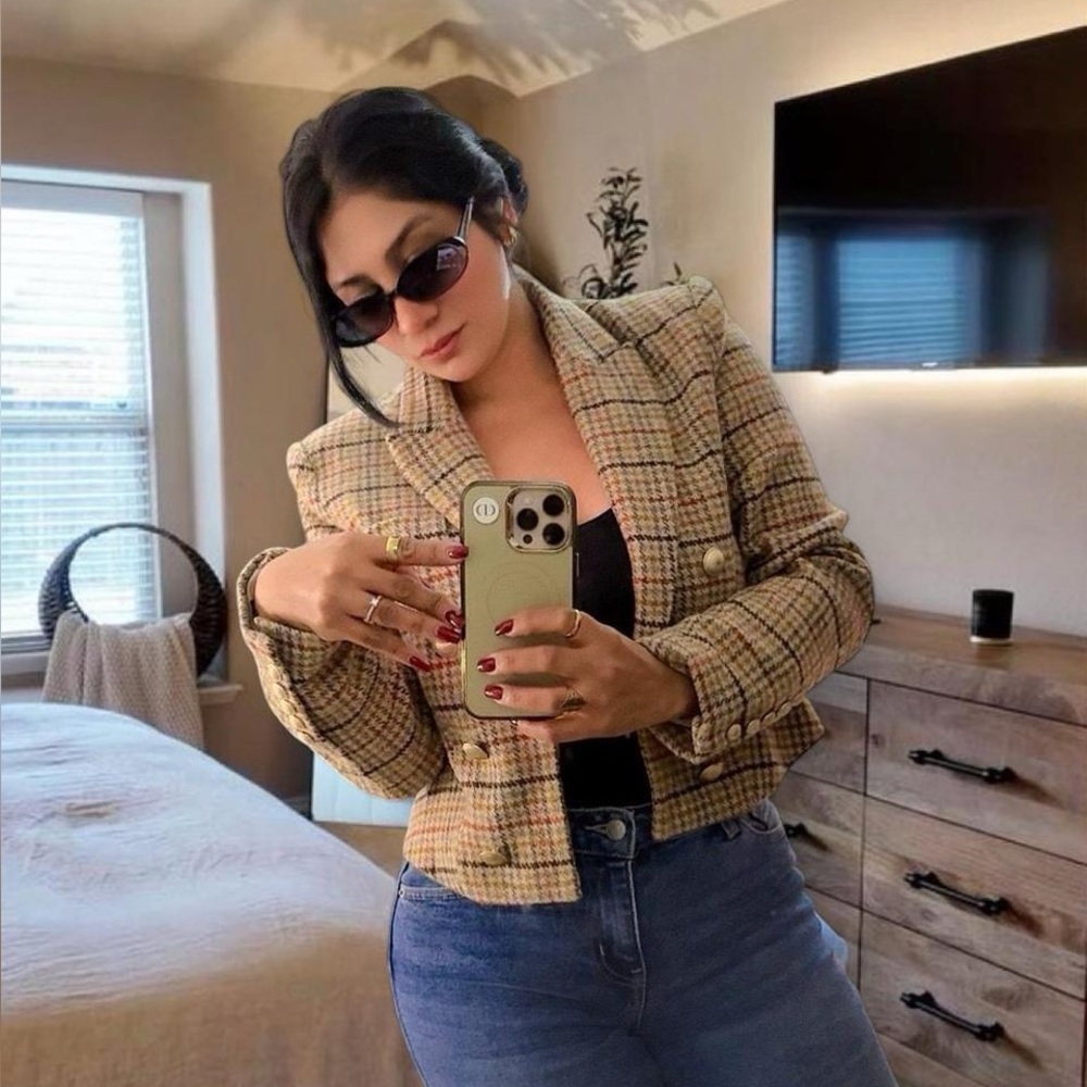 Elie Tahari Checkered Blazer with Gold Buttons
